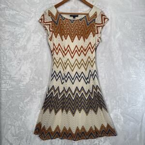 Sharagano Chevron Crochet Stitch Dress 6 Cap Sleeves Retro Boho 70's Earthy